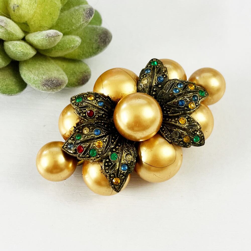 Vintage 1920's Art Deco Beaded Rainbow Rhinestone Brooch